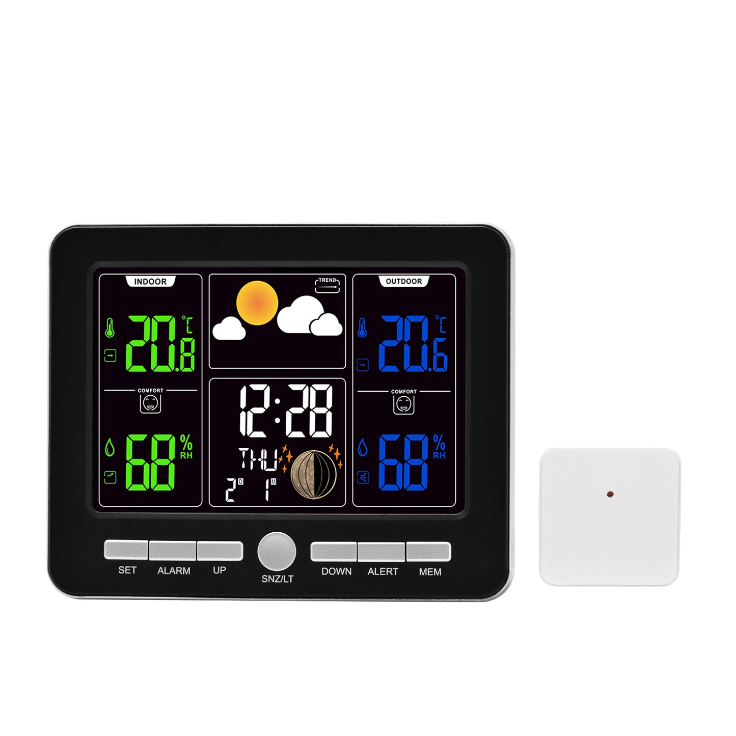 Smart Digital Weather Station Clock – Indoor/Outdoor Temperature & Humidity, Moon Phases, Dual Alarms, Weather Forecast, Backlight