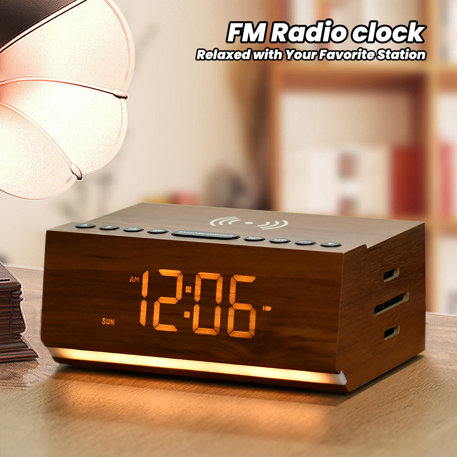 Digital Alarm Clock with Bluetooth, FM Radio, Wireless Charging & Night Light – Dual Alarms, USB Charging, Adjustable Brightness
