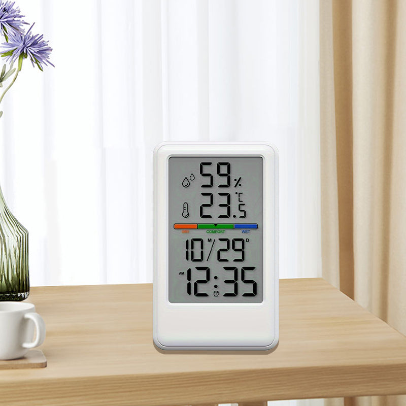 Digital Thermometer Hygrometer with Clock and Alarm, Indoor Temperature and Humidity Monitor with Backlight, Comfort Display, Max/Min Records, 12/24H, for Home Office Greenhouse