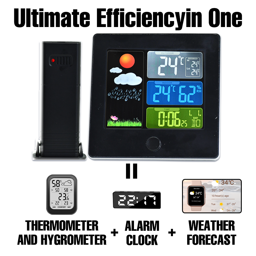 Wireless Weather Station Clock with Color Display – Indoor/Outdoor Temperature & Humidity, Forecast, Alarm & Snooze, 12/24H