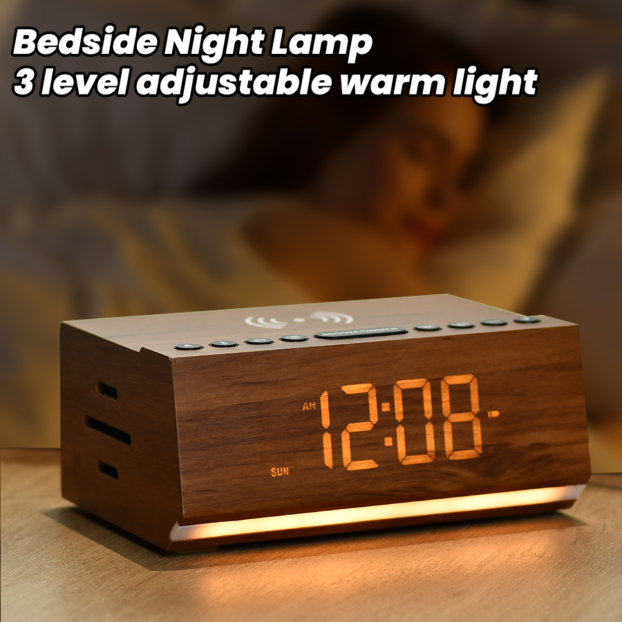 Digital Alarm Clock with Bluetooth, FM Radio, Wireless Charging & Night Light – Dual Alarms, USB Charging, Adjustable Brightness