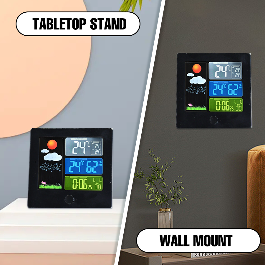 Wireless Weather Station Clock with Color Display – Indoor/Outdoor Temperature & Humidity, Forecast, Alarm & Snooze, 12/24H