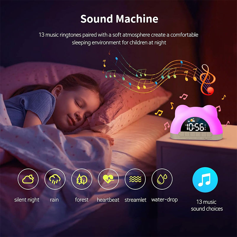 Kids Alarm Clock with Night Light, Sleep Training Clock for Toddlers, 12 Color Options, Sound Machine, Child Lock, Birthday Gift for Boys & Girls, Adapter Included