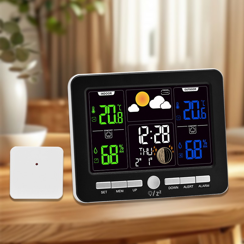Smart Digital Weather Station Clock – Indoor/Outdoor Temperature & Humidity, Moon Phases, Dual Alarms, Weather Forecast, Backlight