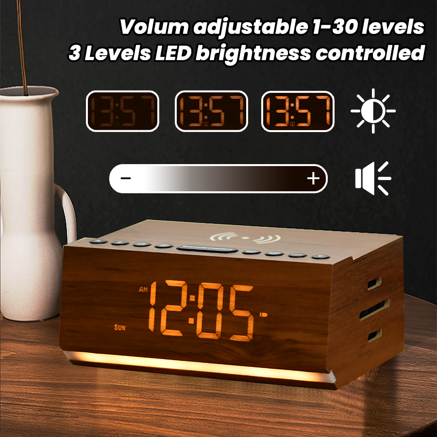 Digital Alarm Clock with Bluetooth, FM Radio, Wireless Charging & Night Light – Dual Alarms, USB Charging, Adjustable Brightness