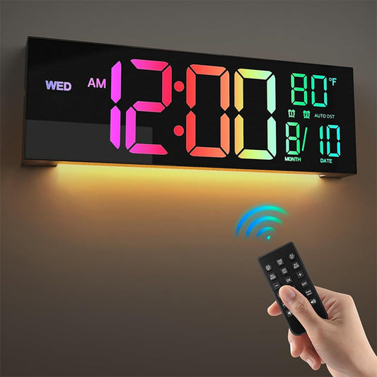 16.2" Large Digital Wall Clock with Remote Control, LED Display/Dual Alarm/8 RGB Colors/Auto Brightness/Date/Auto DST/Temperature/Night Light, Ideal for Living Room, Bedroom, Office Wall Decor
