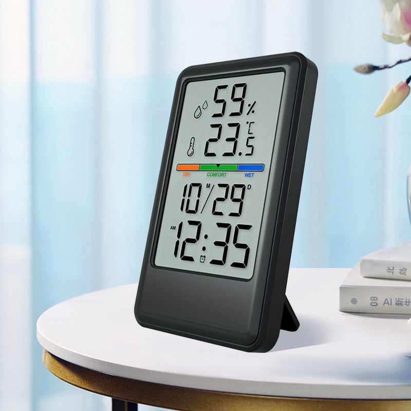 Digital Thermometer Hygrometer with Clock and Alarm, Indoor Temperature and Humidity Monitor with Backlight, Comfort Display, Max/Min Records, 12/24H, for Home Office Greenhouse
