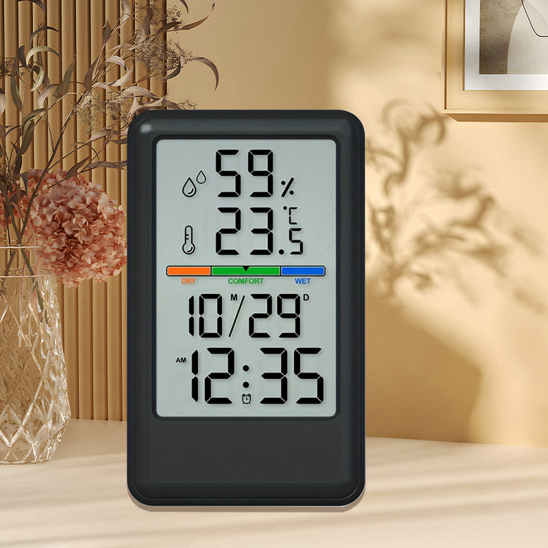 Digital Thermometer Hygrometer with Clock and Alarm, Indoor Temperature and Humidity Monitor with Backlight, Comfort Display, Max/Min Records, 12/24H, for Home Office Greenhouse