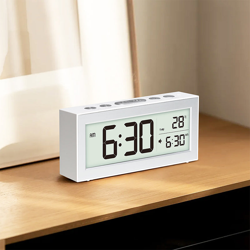 Battery Powered Travel Alarm Clock, Compact LCD Bedside Clock with Snooze, Auto Dimming, 12/24H Format, Temperature Display for Bedroom, Office, or Travel
