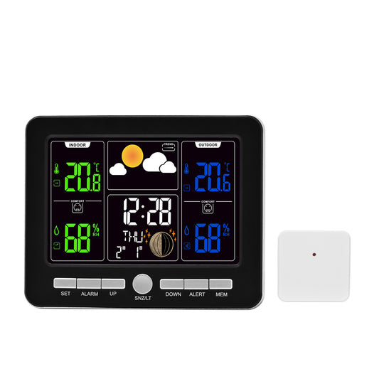 Smart Digital Weather Station Clock – Indoor/Outdoor Temperature & Humidity, Moon Phases, Dual Alarms, Weather Forecast, Backlight