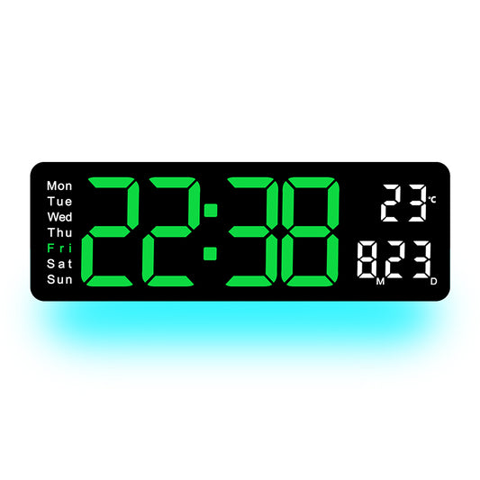 13" Digital Wall Clock with Remote Control, Large LED Display, Temperature/Time/Date, Dual Alarm, Auto-Dimming, USB Powered, 8 Ambient Colors