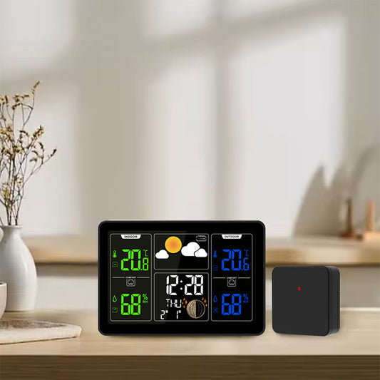 Wireless Indoor Outdoor Thermometer Weather Station, Digital Weather Clock with Dual Alarms, Multi-Channel Support, Temperature & Humidity Trends, Moon Phase, Adjustable Backlight, Battery/AC Powered