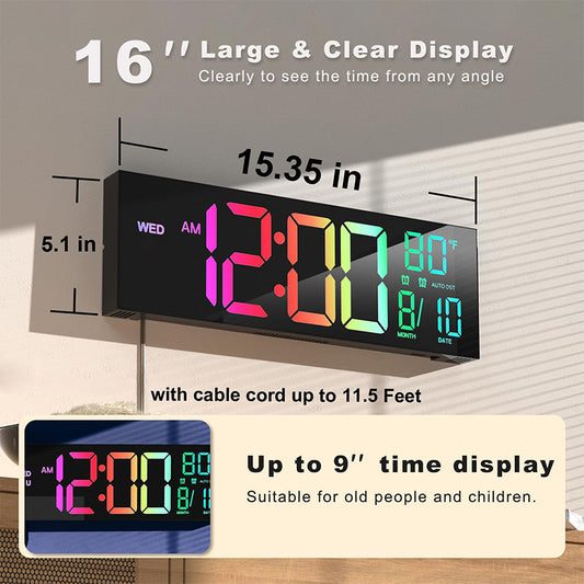 16.2" Large Digital Wall Clock with Remote Control, LED Display/Dual Alarm/8 RGB Colors/Auto Brightness/Date/Auto DST/Temperature/Night Light, Ideal for Living Room, Bedroom, Office Wall Decor