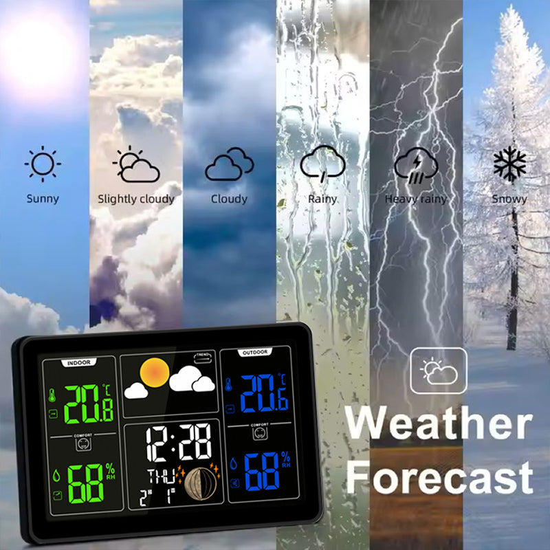 Wireless Indoor Outdoor Thermometer Weather Station, Digital Weather Clock with Dual Alarms, Multi-Channel Support, Temperature & Humidity Trends, Moon Phase, Adjustable Backlight, Battery/AC Powered