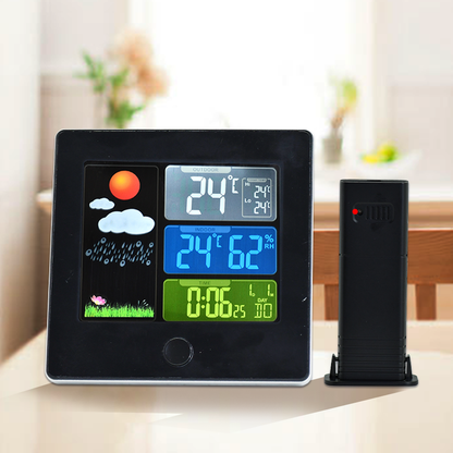 Wireless Weather Station Clock with Color Display – Indoor/Outdoor Temperature & Humidity, Forecast, Alarm & Snooze, 12/24H