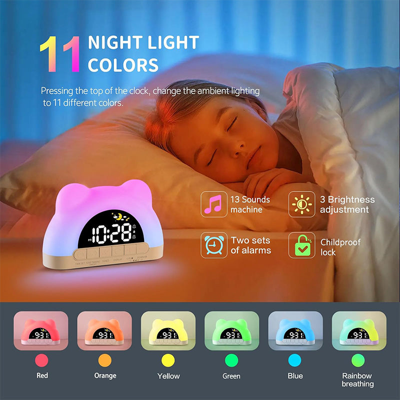 Kids Alarm Clock with Night Light, Sleep Training Clock for Toddlers, 12 Color Options, Sound Machine, Child Lock, Birthday Gift for Boys & Girls, Adapter Included