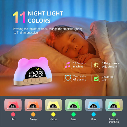 Kids Alarm Clock with Night Light, Sleep Training Clock for Toddlers, 12 Color Options, Sound Machine, Child Lock, Birthday Gift for Boys & Girls, Adapter Included