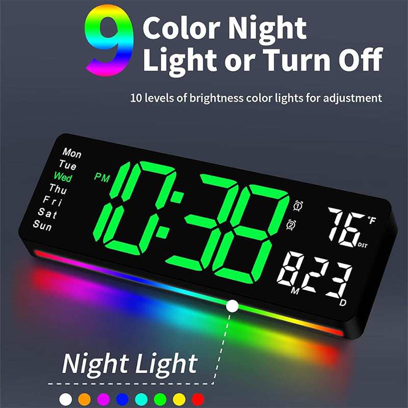 13" Digital Wall Clock with Remote Control, Large LED Display, Temperature/Time/Date, Dual Alarm, Auto-Dimming, USB Powered, 8 Ambient Colors