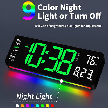 13" Digital Wall Clock with Remote Control, Large LED Display, Temperature/Time/Date, Dual Alarm, Auto-Dimming, USB Powered, 8 Ambient Colors
