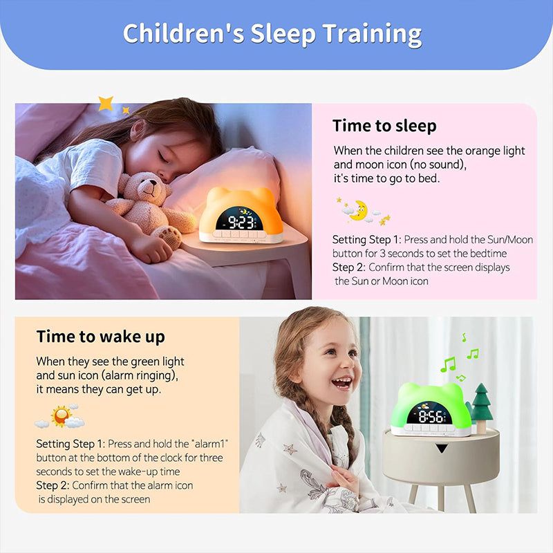 Kids Alarm Clock with Night Light, Sleep Training Clock for Toddlers, 12 Color Options, Sound Machine, Child Lock, Birthday Gift for Boys & Girls, Adapter Included