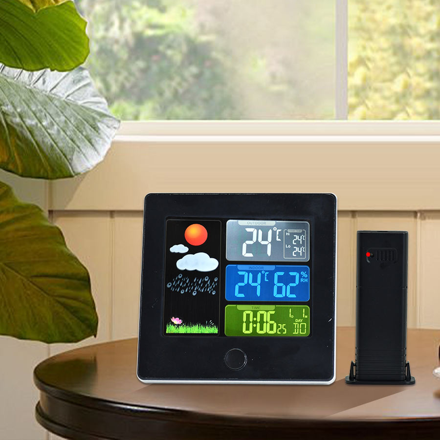 Wireless Weather Station Clock with Color Display – Indoor/Outdoor Temperature & Humidity, Forecast, Alarm & Snooze, 12/24H
