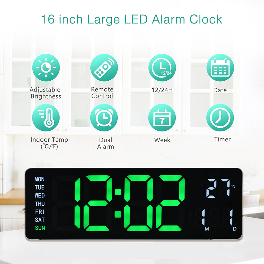 Large LED Digital Wall Clock with Remote Control – Dual Alarms, Adjustable Brightness, Temperature & Date Display, 12/24H