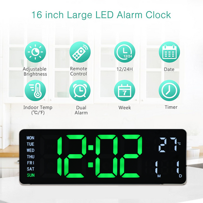 Large LED Digital Wall Clock with Remote Control – Dual Alarms, Adjustable Brightness, Temperature & Date Display, 12/24H