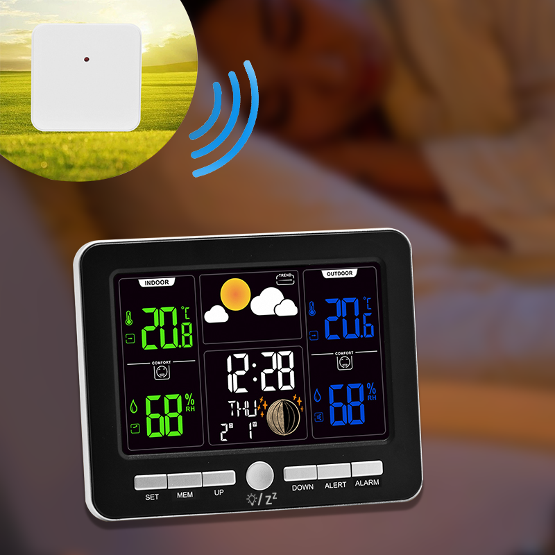 Smart Digital Weather Station Clock – Indoor/Outdoor Temperature & Humidity, Moon Phases, Dual Alarms, Weather Forecast, Backlight
