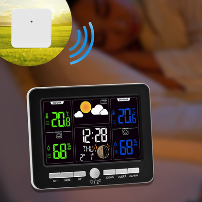 Smart Digital Weather Station Clock – Indoor/Outdoor Temperature & Humidity, Moon Phases, Dual Alarms, Weather Forecast, Backlight