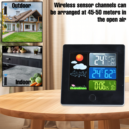 Wireless Weather Station Clock with Color Display – Indoor/Outdoor Temperature & Humidity, Forecast, Alarm & Snooze, 12/24H
