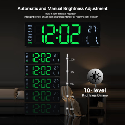 Large LED Digital Wall Clock with Remote Control – Dual Alarms, Adjustable Brightness, Temperature & Date Display, 12/24H