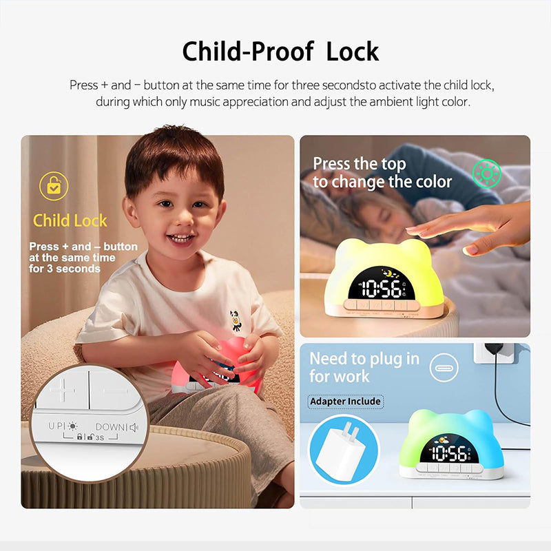 Kids Alarm Clock with Night Light, Sleep Training Clock for Toddlers, 12 Color Options, Sound Machine, Child Lock, Birthday Gift for Boys & Girls, Adapter Included