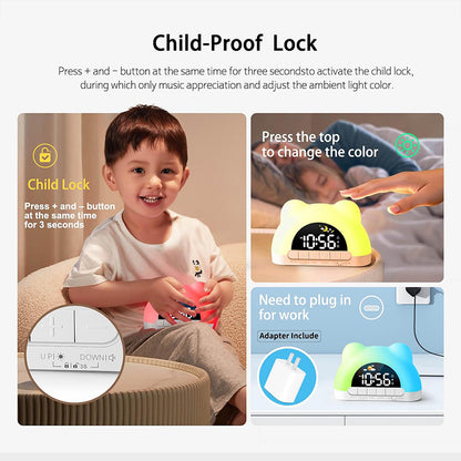 Kids Alarm Clock with Night Light, Sleep Training Clock for Toddlers, 12 Color Options, Sound Machine, Child Lock, Birthday Gift for Boys & Girls, Adapter Included