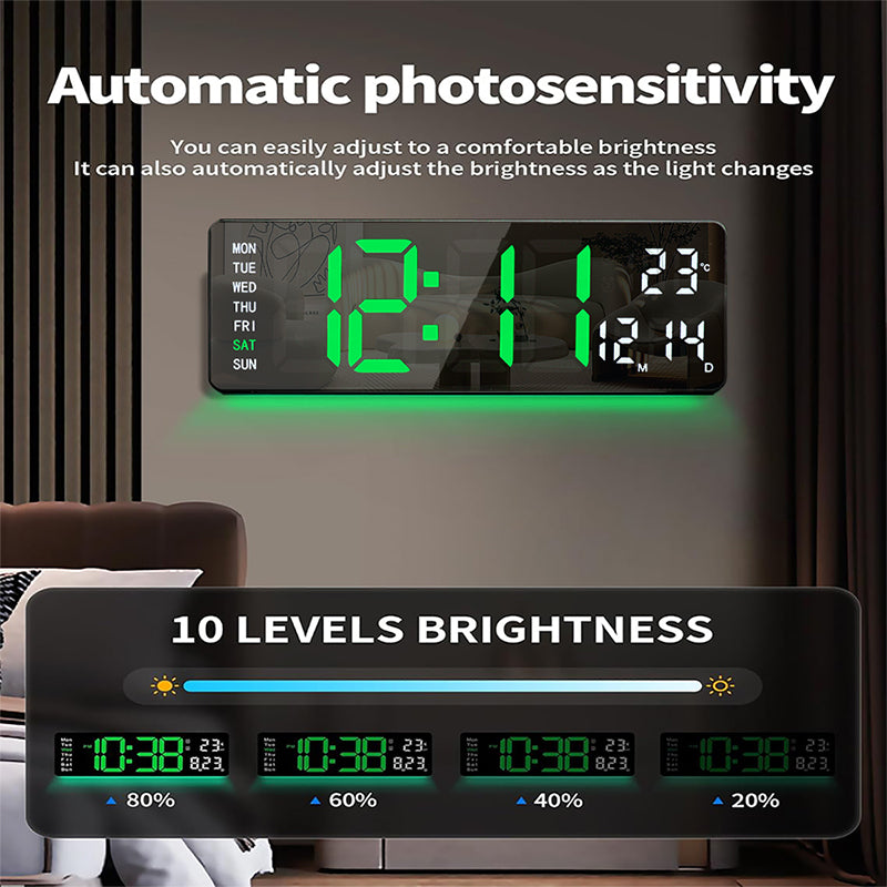 13" Digital Wall Clock with Remote Control, Large LED Display, Temperature/Time/Date, Dual Alarm, Auto-Dimming, USB Powered, 8 Ambient Colors
