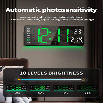 13" Digital Wall Clock with Remote Control, Large LED Display, Temperature/Time/Date, Dual Alarm, Auto-Dimming, USB Powered, 8 Ambient Colors