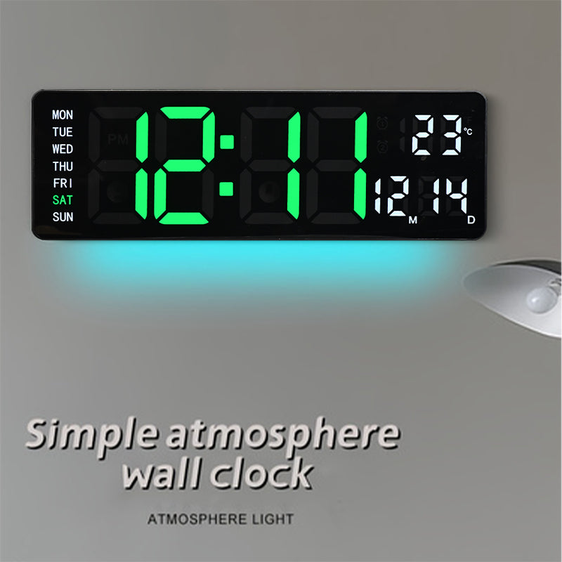 13" Digital Wall Clock with Remote Control, Large LED Display, Temperature/Time/Date, Dual Alarm, Auto-Dimming, USB Powered, 8 Ambient Colors