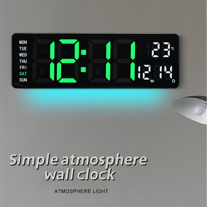 13" Digital Wall Clock with Remote Control, Large LED Display, Temperature/Time/Date, Dual Alarm, Auto-Dimming, USB Powered, 8 Ambient Colors
