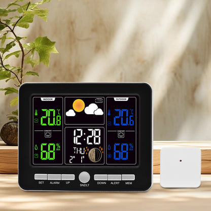 Smart Digital Weather Station Clock – Indoor/Outdoor Temperature & Humidity, Moon Phases, Dual Alarms, Weather Forecast, Backlight