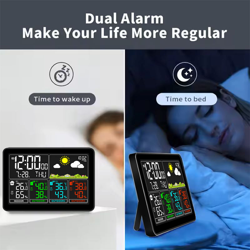 Wireless Indoor Outdoor Thermometer Weather Station, Digital Weather Clock with Dual Alarms, Multi-Channel Support, Temperature & Humidity Trends, Adjustable Backlight, Battery/AC Powered