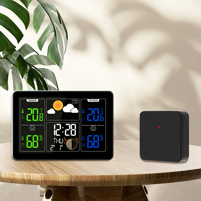 Wireless Indoor Outdoor Thermometer Weather Station, Digital Weather Clock with Dual Alarms, Multi-Channel Support, Temperature & Humidity Trends, Moon Phase, Adjustable Backlight, Battery/AC Powered