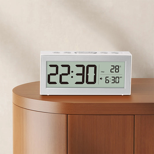 Battery Powered Travel Alarm Clock, Compact LCD Bedside Clock with Snooze, Auto Dimming, 12/24H Format, Temperature Display for Bedroom, Office, or Travel