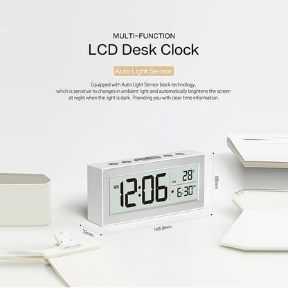 Battery Powered Travel Alarm Clock, Compact LCD Bedside Clock with Snooze, Auto Dimming, 12/24H Format, Temperature Display for Bedroom, Office, or Travel
