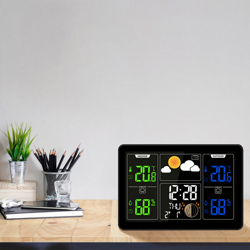 Wireless Indoor Outdoor Thermometer Weather Station, Digital Weather Clock with Dual Alarms, Multi-Channel Support, Temperature & Humidity Trends, Moon Phase, Adjustable Backlight, Battery/AC Powered