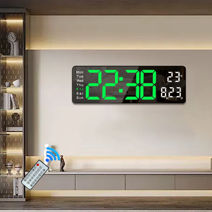 Large LED Digital Wall Clock with Remote Control – Dual Alarms, Adjustable Brightness, Temperature & Date Display, 12/24H
