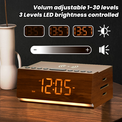 Digital Alarm Clock with Bluetooth, FM Radio, Wireless Charging & Night Light – Dual Alarms, USB Charging, Adjustable Brightness