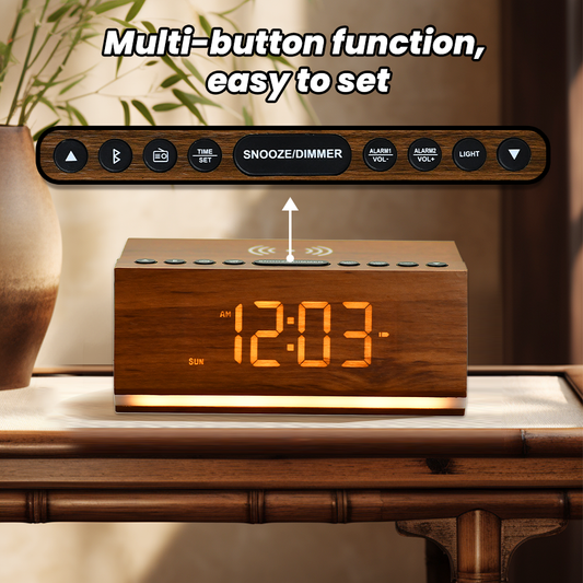 Digital Alarm Clock with Bluetooth, FM Radio, Wireless Charging & Night Light – Dual Alarms, USB Charging, Adjustable Brightness