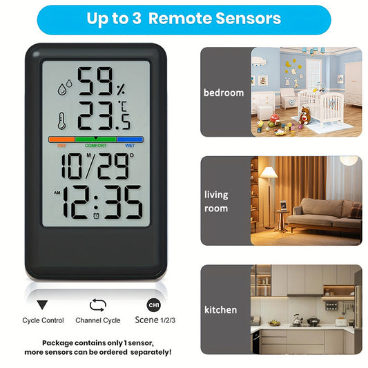 Digital Thermometer Hygrometer with Clock and Alarm, Indoor Temperature and Humidity Monitor with Backlight, Comfort Display, Max/Min Records, 12/24H, for Home Office Greenhouse