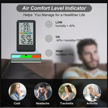 Digital Thermometer Hygrometer with Clock and Alarm, Indoor Temperature and Humidity Monitor with Backlight, Comfort Display, Max/Min Records, 12/24H, for Home Office Greenhouse